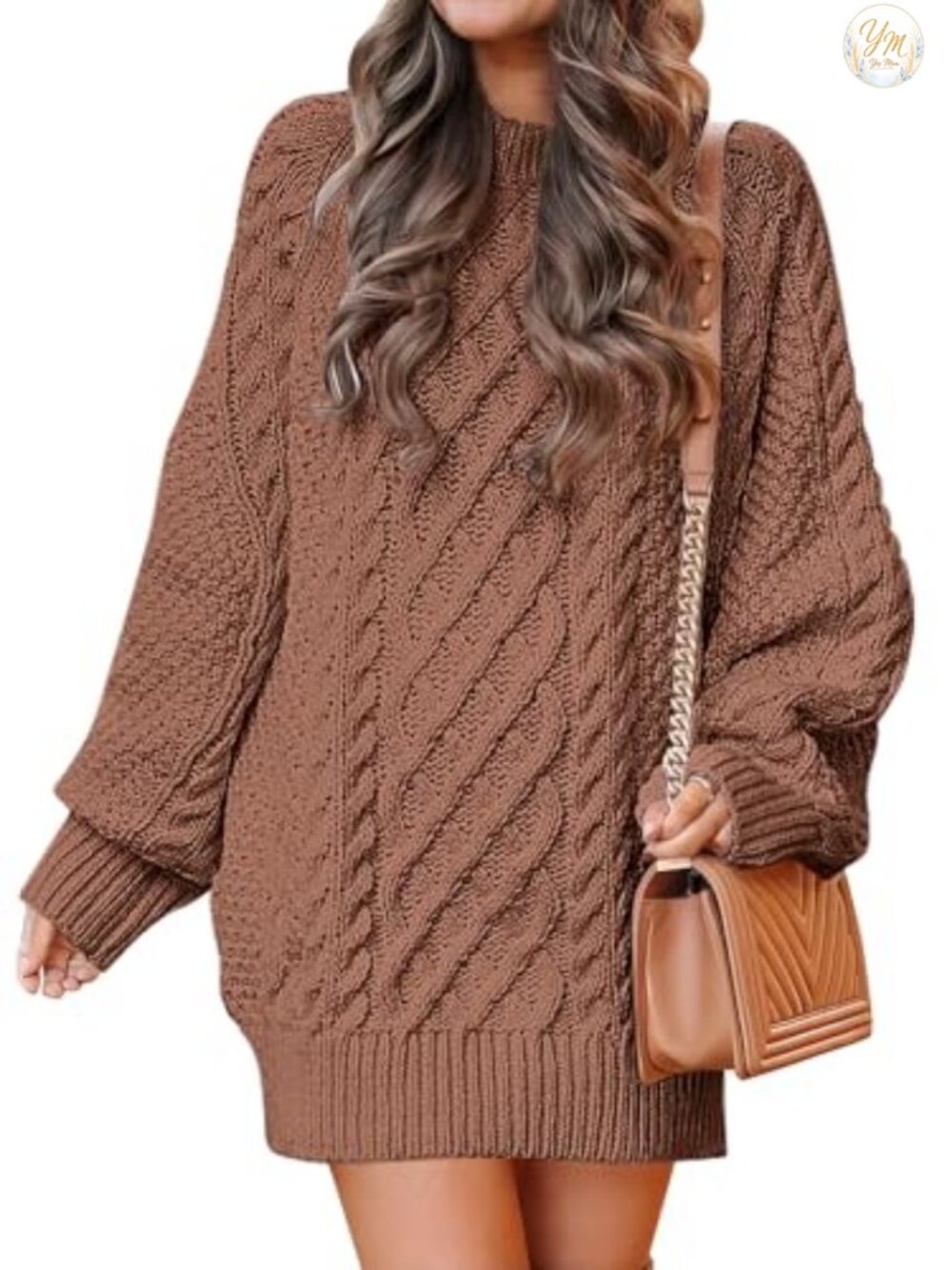Cable Knit Oversized Mini Sweater Dress Long Sleeve Crewneck Pullover